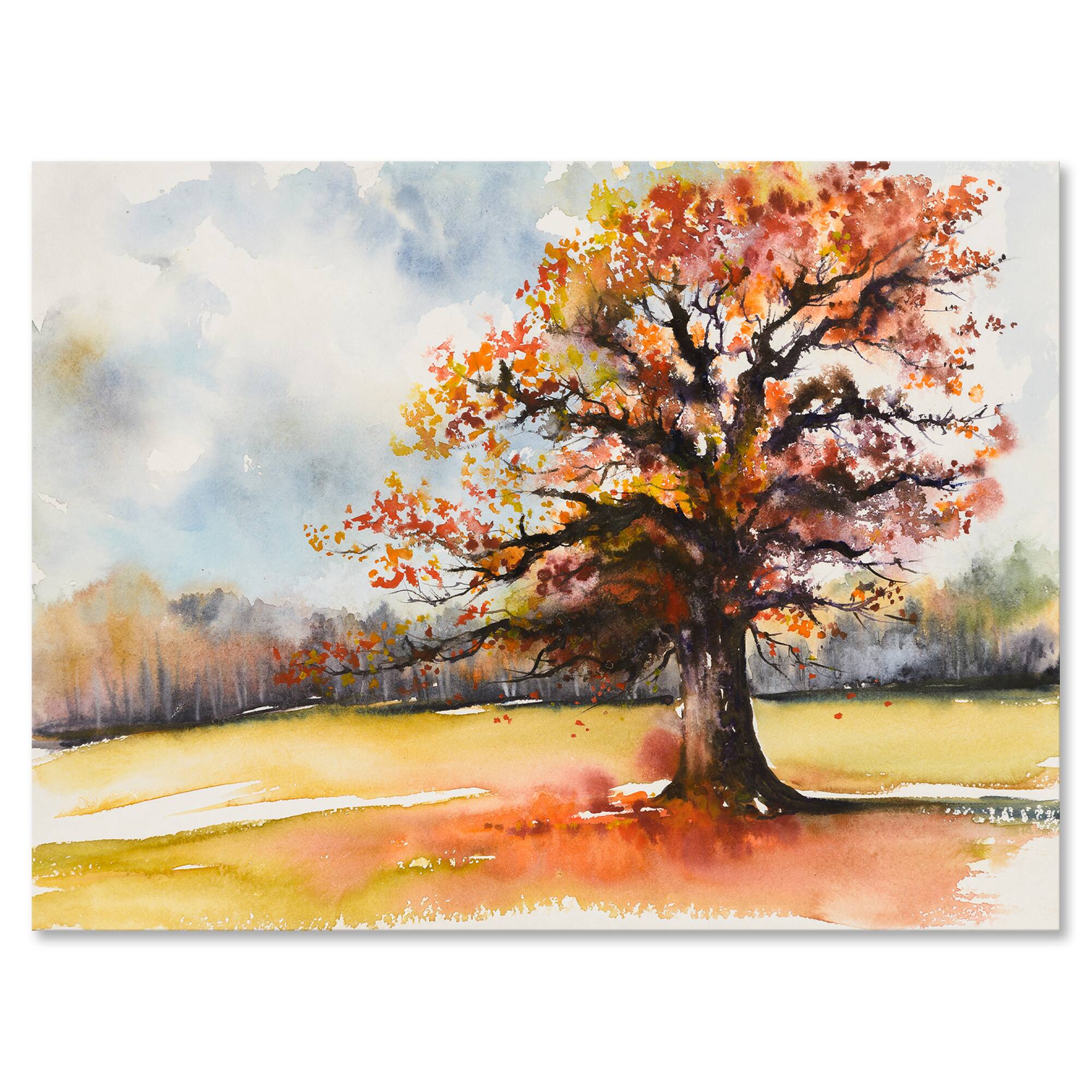 Designart - Lone Oak In The Fields With Autum Leaves